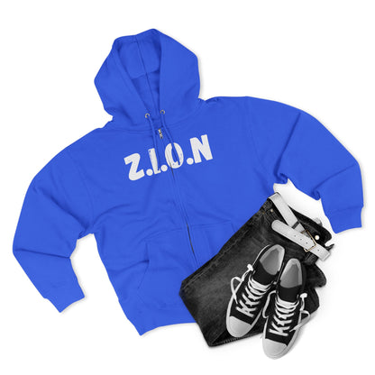 Adult Zion White Words & Image Zipper Hoodie