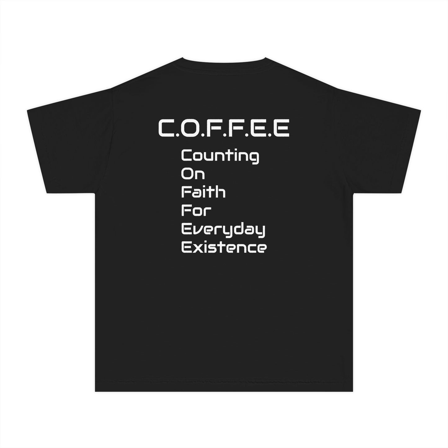 Youth Coffee Christian White Words Heavyweight Tee
