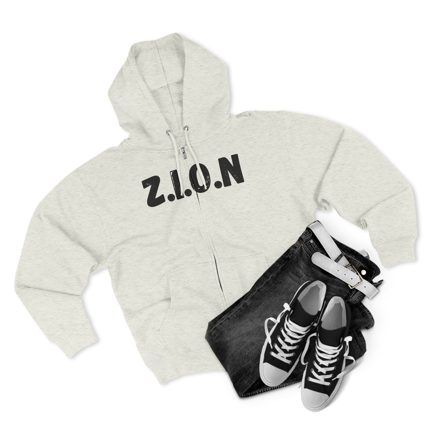 Zion Hoodie Black Words & Image Zipper